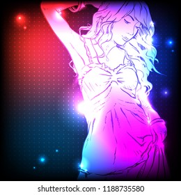 Hand drawn pretty girl. Vector. Neon light. Sketch style