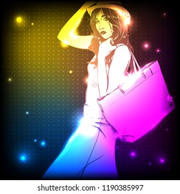 Hand drawn pretty girl. Vector. Neon light. Sketch style
