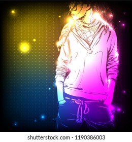 Hand drawn pretty girl. Vector. Neon light. Sketch style