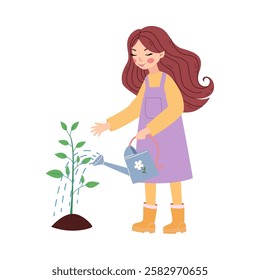 Hand drawn pretty girl watering young plant. Environment concept illustration. World environment day concept.