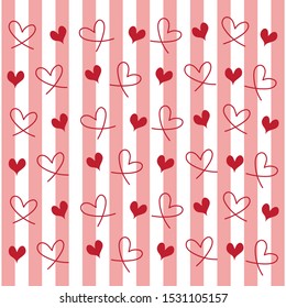 Hand drawn pretty mini modern sweetest red heart seamless on pink and white stripe pattern bankground.Desing for element of valentine day ,Wedding card ,Print ,Gift wrapping paper ,Love,Screen.Vector.