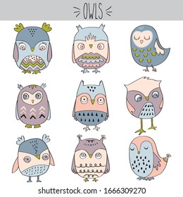 Hand drawn pretty owls colored sketch. Cute bird with pattern and geometric texture illustration. Funny closed eyes sleepy animal. Silly woodland critters cartoon open eyes. Aztec design motifs. 