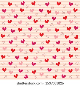 Hand drawn pretty sweetest red and pink pastel heart seamless on stripe pattern bankground.Desing for element of valentine day ,Wedding card ,Print ,Gift wrapping paper ,Love photo.Vector.