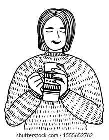 Hand drawn pretty woman with appealing appearance, wears cozy sweater, licks lips, holds warm drink, enjoys taste. Isolated vector concept illustration. Hygge feeling