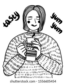 Hand drawn pretty woman with appealing appearance, wears cozy sweater, licks lips, holds warm drink, enjoys taste. Isolated vector concept illustration. Hygge feeling