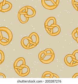 Hand Drawn Pretzel. Beer Snack. Seamless Pattern.