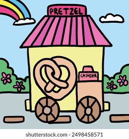 Puesto de comida de pretzel dibujado a mano para el parque de atracciones, parque temático, comida de la calle, bocadillo, circo, negocio de la comida, parches lindos, viaje de la familia, viaje, vacaciones, días de fiesta, fin de semana, parque, al aire libre, restaurante, menú