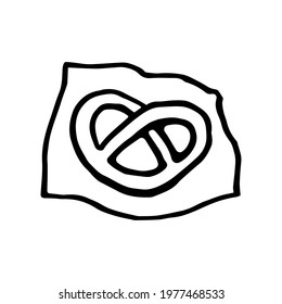 Hand drawn pretzel on a paper napkin. Snack symbol in doodle style. Vector illustration isolated on white background.