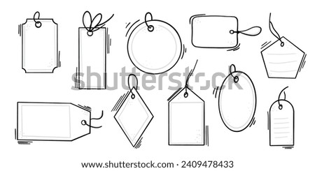 Hand drawn price tag. Shopping hanging labels. paper stickers for gifts. Empty notes on strings, Sale and discount cards. promotional labels in sketch style drawing. Vector isolated illustrations set