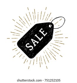 Hand drawn price tag textured vector illustration and "Sale" lettering.