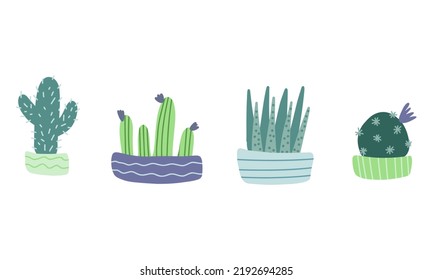 Hand drawn prickly cactus cacti plant with thorns in pot. Hand-drawn doodle desert tropical cactus with spines and flowers. Colored flat cartoon vector illustration isolated on white background.