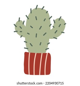 Hand drawn prickly cactus cacti plant with thorns. Cactus pot. Hand drawn doodle desert tropical cactus with spines and flowers. Colored flat cartoon vector illustration isolated on white background