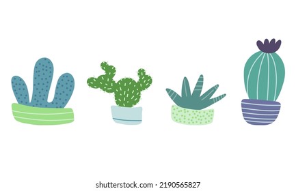 Hand drawn prickly cactus plant or cacti with thorns in pot. Hand-drawn desert tropical cactus with spines and flowers. Colored flat cartoon vector illustration isolated on white background