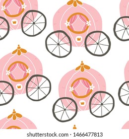 Hand drawn princess cinderella seamless pattern for textile with magical chariot - fairytale carriage. Abstract seamless pattern for girls. Creative background for girls. Tender colors. - Vector