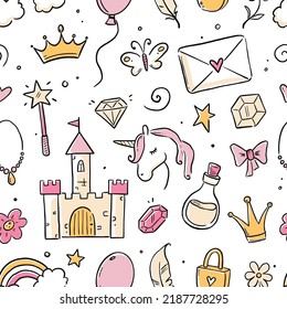 Hand drawn princess doodle seamless pattern. Beauty pattern with cute girl princess accessories, fairy unicorn, castle. Doodle background, wallpaper. Vector illustration.