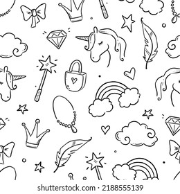 Hand drawn princess doodle seamless pattern. Beauty pattern with cute girl princess accessories, fairy unicorn, castle. Doodle background, wallpaper. Vector illustration.