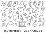 Hand drawn princess doodle set. Beauty cute girl princess accessories, fairy unicorn, castle. Doodle background. Vector illustration.