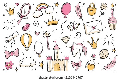 Hand drawn princess doodle set. Beauty cute girl princess accessories, fairy unicorn, castle. Doodle background. Vector illustration.