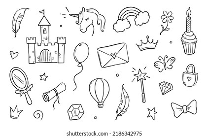 Hand drawn princess doodle set. Beauty cute girl princess accessories, fairy unicorn, castle. Doodle background. Vector illustration.