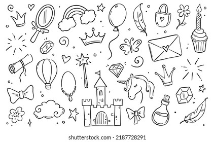 Hand drawn princess doodle set. Beauty cute girl princess accessories, fairy unicorn, castle. Doodle background. Vector illustration.