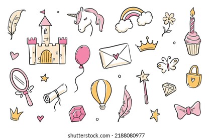 Handgezeichneter Dodle-Satz der Prinzessin. Schöne süße Mädchen Prinzessin Accessoires, Märchenschmuck, Schloss. Doodle Hintergrund. Vektorgrafik.