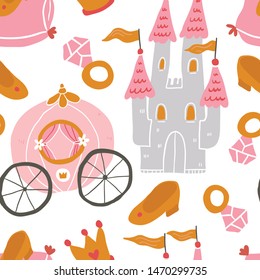Hand drawn princess seamless pattern for textile with castle, crown, chariot, stars, diamond, magic wand. Abstract seamless pattern for girls. Creative background for girls. Tender colours. - Vector