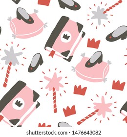 Hand drawn princess seamless pattern for textile with crown, stars, diamond, magic wand, fairy tales book. Abstract seamless pattern for girls. Creative background for girls. Tender colors. - Vector