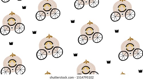 Hand drawn princess seamless pattern for textile with chariots and crowns. Seamless pattern for girls in scandinavian style. Kids pattern