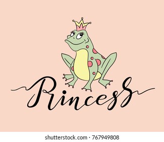 Hand drawn Princess typography lettering poster with frog in crown. Cute little princess frog can be used as a print for baby apparel, t-shirt print, cards, packaging design. Smiled frog illustration.