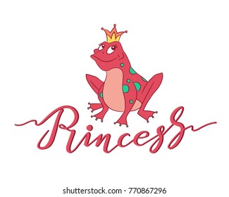 Hand drawn Princess typography lettering poster with frog in crown. Cute little princess frog can be used as a print for baby apparel, t-shirt print, cards, packaging design. Smiled frog illustration
