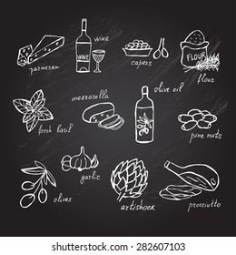 Hand drawn principal italian food ingredients, design elements. Can be used for cards, invitations, gift wrap, print, scrapbooking. Kitchen theme. Chalkboard background