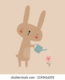 Hand Drawn Print with Cute Brown Rabbit Watering a Pink Flower. Lovely Vector Art with Funny Bunny with Watering Can. Easter Bunny in a Graden. Crayon Drawing Style Nursery Art ideal for Card, Poster.