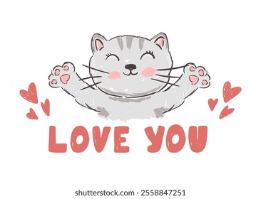 Hand drawn print cute cate and love you phrase