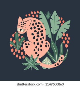 Hand drawn print with cute pink Leopard and tropical leaves. Vector illustration.