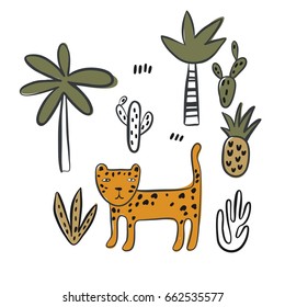 Hand drawn print with Leopard, tiger and palm