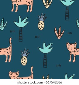 Hand drawn print with Leopard, tiger and palm