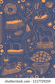 Hand drawn print of linear silhouettes of animals - lion, raсcoon, turtle, capybara, rabbit etc. Made in grungy colours. Doodle cartoon print can be used in design of clothes,wallpaper, covers, fabric