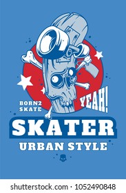 Hand drawn print with skateboard, typography and skull. Vector illustration for t shirt printing and embroidery