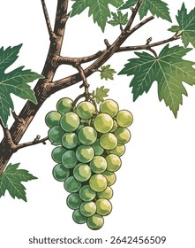 The hand - drawn print - style work shows clustered green grapes on brown vines, with green leaves against a light grey background. Textured lines overflow with harvest and natural charm.