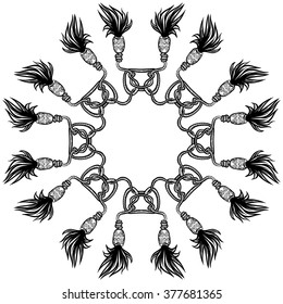 Hand drawn print template in boho chic style. Circle of tassels. Nautical motives.