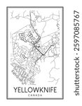 Hand drawn printable downtown road map poster of the Canadian city of YELLOWKNIFE on solid white background with city name