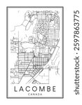 Hand drawn printable downtown road map poster of the Canadian city of LACOMBE on solid white background with city name