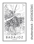 Hand drawn printable downtown road map poster of the Spanish city of BADAJOZ on solid white background with city name