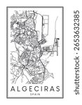 Hand drawn printable downtown road map poster of the Spanish city of ALGECIRAS on solid white background with city name