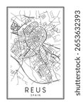 Hand drawn printable downtown road map poster of the Spanish city of REUS on solid white background with city name