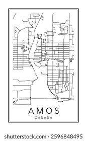 Hand drawn printable downtown road map poster of the Canadian city of AMOS on solid white background with city name