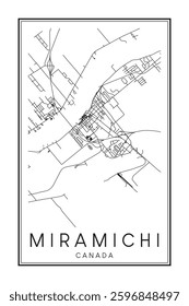 Hand drawn printable downtown road map poster of the Canadian city of MIRAMICHI on solid white background with city name