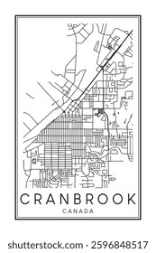 Hand drawn printable downtown road map poster of the Canadian city of CRANBROOK on solid white background with city name