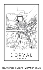 Hand drawn printable downtown road map poster of the Canadian city of DORVAL on solid white background with city name