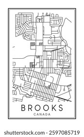Hand drawn printable downtown road map poster of the Canadian city of BROOKS on solid white background with city name